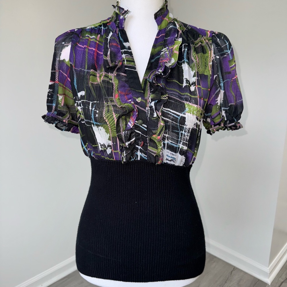 NY Collection‎ Ruffle Neck Abstract Plaid Puff Sleeve Blouse Black Purple S